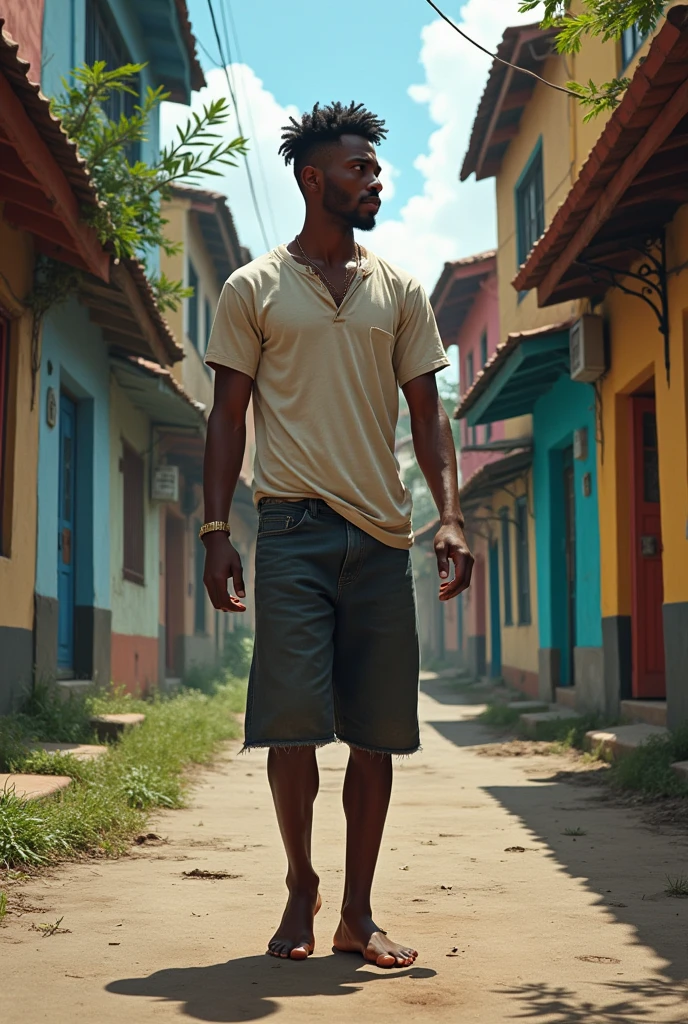 Barefoot young black man in the favela