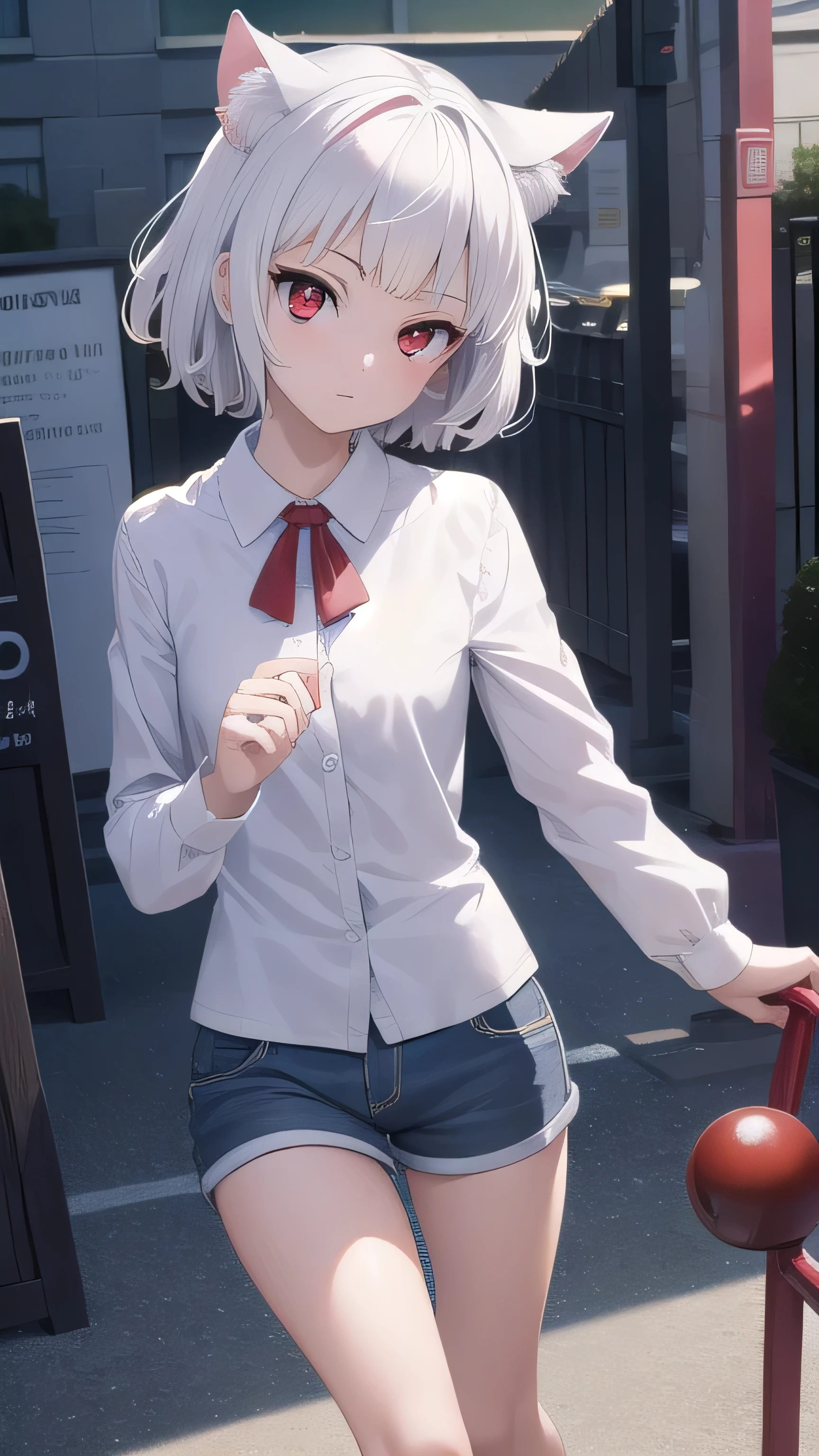 neferpitou, neferpitou, short hair, (red eyes:1.5), long sleeves, animal ears, white hair, shorts, cat ears, cat tail, curly hair, BREAK looking at viewer, BREAK outside, BREAK (masterpiece:1.2), best quality, high resolution, unity 8k wallpaper, (illustration:0.8), (beautiful detailed eyes:1.6), extremely detailed face, perfect lighting, extremely detailed CG, (perfect hands, perfect anatomy), sexy post