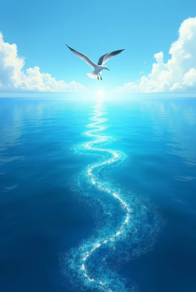 「The vast blue of the Pacific Ocean blends into the digital waves、From the perspective of a seagull floating in the faraway sky、The moment when you feel the endless connection of the Internet。」