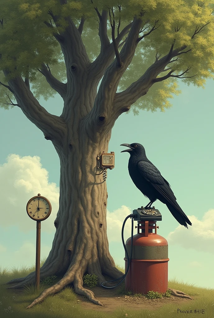 Telephone is hanging on tree. A crow sit on telephone. Gas Cylinder is under the tree. A compass is roaming