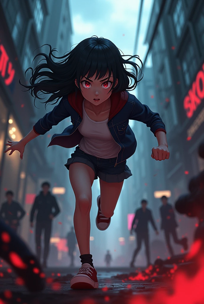 16 year old sister who is a girl with black hair red eyes running towards the thugs to save her brother anime
