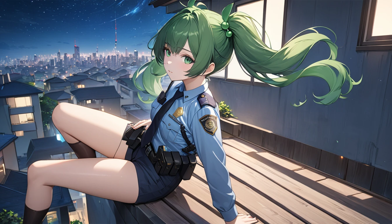 masterpiece，high resolution，Anime Art，Anime Numbers， 4k anime wallpaper，Soft Light，Radiant Skin，Looking at the camera，Solitary，1 anime girl，Sitting sideways on the roof of the house，Green twin ponytails，Green beads，Police Uniform，(Green eyes: 1.3)，leg，Modern City，Starry Sky