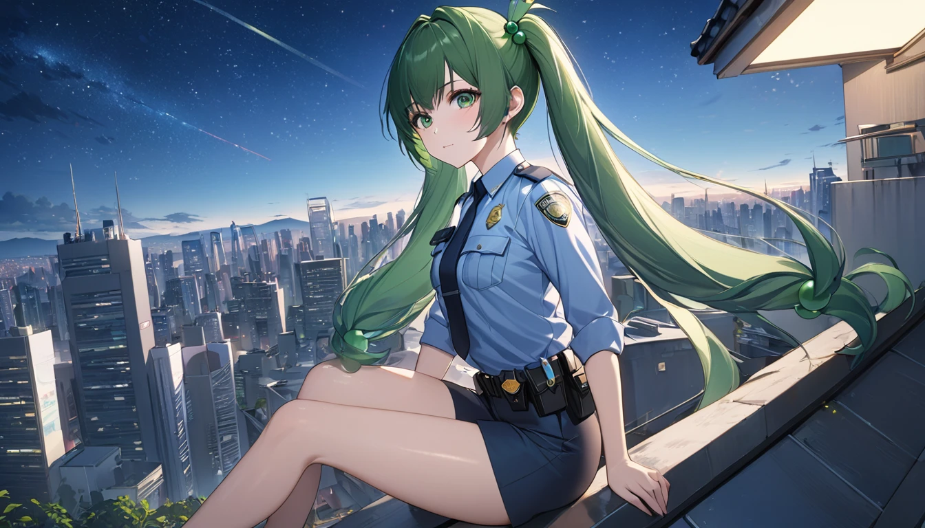 masterpiece，high resolution，Anime Art，Anime Numbers， 4k anime wallpaper，Soft Light，Radiant Skin，Looking at the camera，Solitary，1 anime girl，Sitting sideways on the roof of the house，Green twin ponytails，Green beads，Police Uniform，(Green eyes: 1.3)，leg，Modern City，Starry Sky