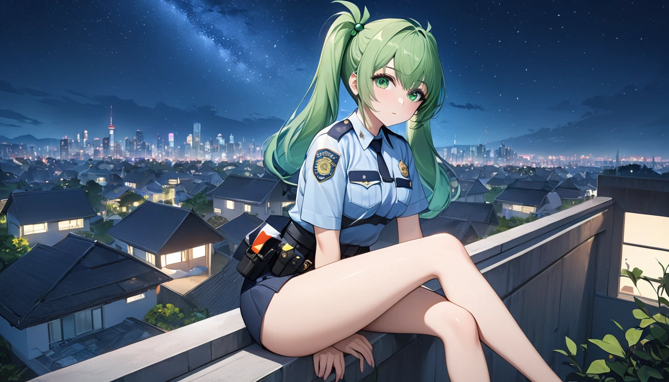 masterpiece，high resolution，Anime Art，Anime Numbers， 4k anime wallpaper，Soft Light，Radiant Skin，Looking at the camera，Solitary，1 anime girl，Sitting sideways on the roof of the house，Green twin ponytails，Green beads，Police Uniform，(Green eyes: 1.3)，leg，Modern City，Starry Sky