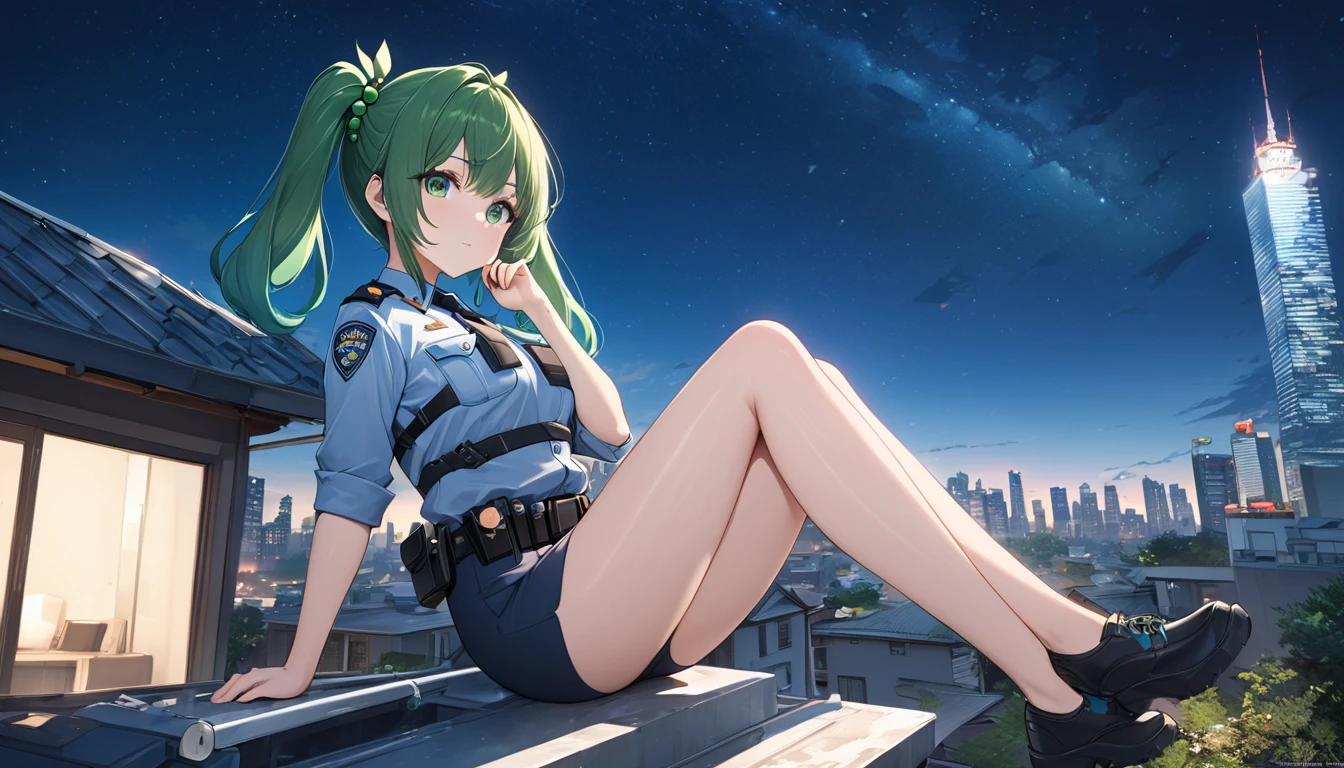 masterpiece，high resolution，Anime Art，Anime Numbers， 4k anime wallpaper，Soft Light，Radiant Skin，Looking at the camera，Solitary，1 anime girl，Sitting sideways on the roof of the house，Green twin ponytails，Green beads，Police Uniform，(Green eyes: 1.3)，leg，Modern City，Starry Sky