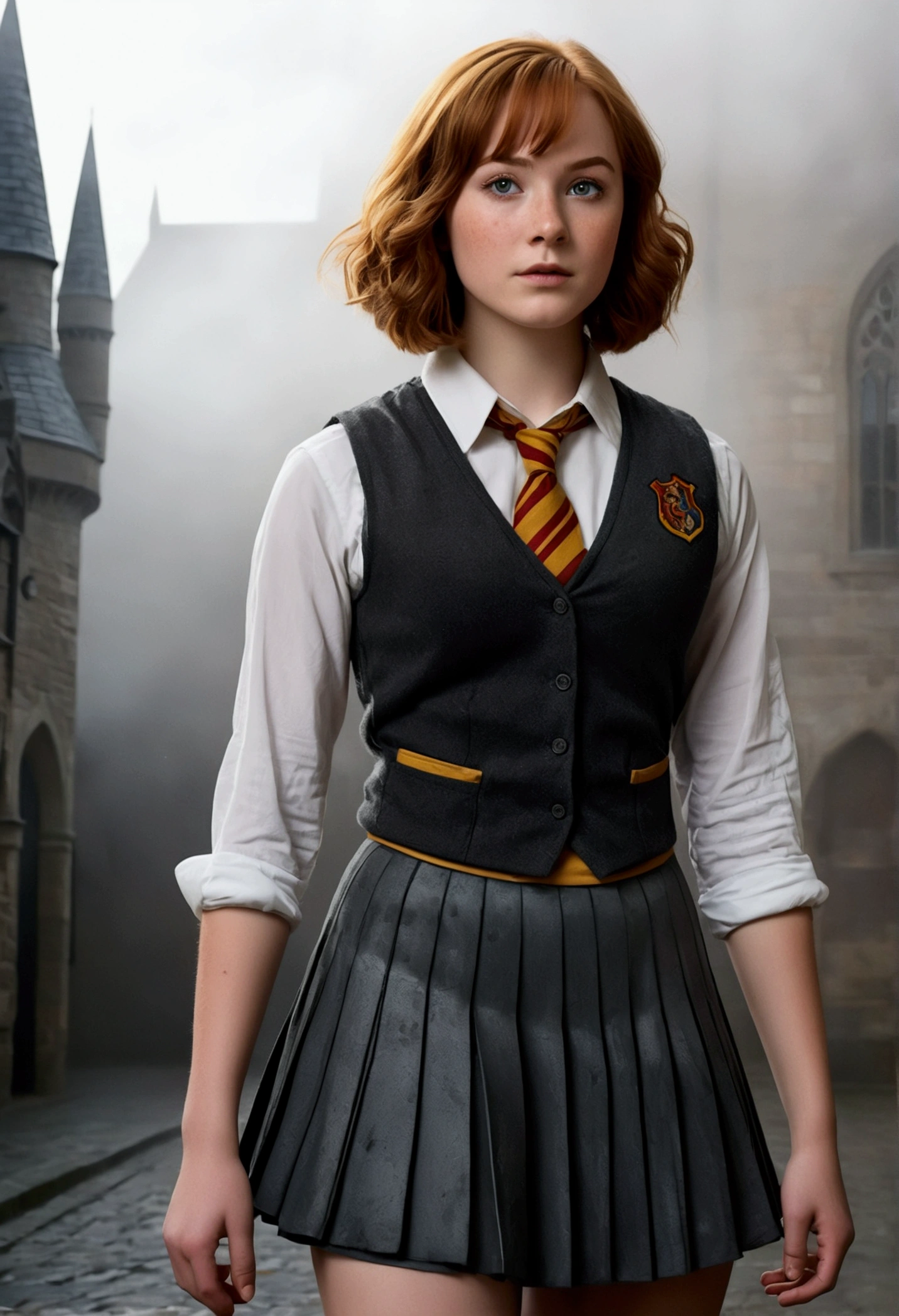 An illustrated movie poster, hand-drawn, full color, a age Hogwarts student, 18-years-old, female, wearing a charcoal vest and a pleated skirt, athletic hourglass figure, full wide hips, massive round butt, long shapely legs, ridiculously thick powerful thighs, vibrant eyes, deep dark auburn hair, short curly bob cut, flushed sun-kissed complexion, freckles, resembles Genevieve O'Reilly, standing in a foggy Hogwarts courtyard, surrounded by mist, graphite shading, stencil marks, airbrushed acrylic paint, masterpiece, close-up shot, in the style of the Deathly Hallows