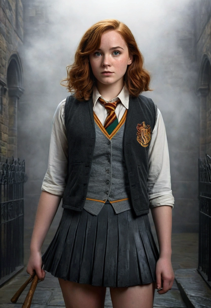 An illustrated movie poster, hand-drawn, full color, a teenage Hogwarts student, 18-years-old, female, wearing a charcoal vest and a pleated skirt, athletic hourglass figure, full wide hips, massive round butt, long shapely legs, ridiculously thick powerful thighs, vibrant eyes, deep dark auburn hair, short curly bob cut, flushed sun-kissed complexion, freckles, resembles Genevieve O'Reilly, standing in a foggy Hogwarts courtyard, surrounded by mist, graphite shading, stencil marks, airbrushed acrylic paint, masterpiece, close-up shot, in the style of the Deathly Hallows