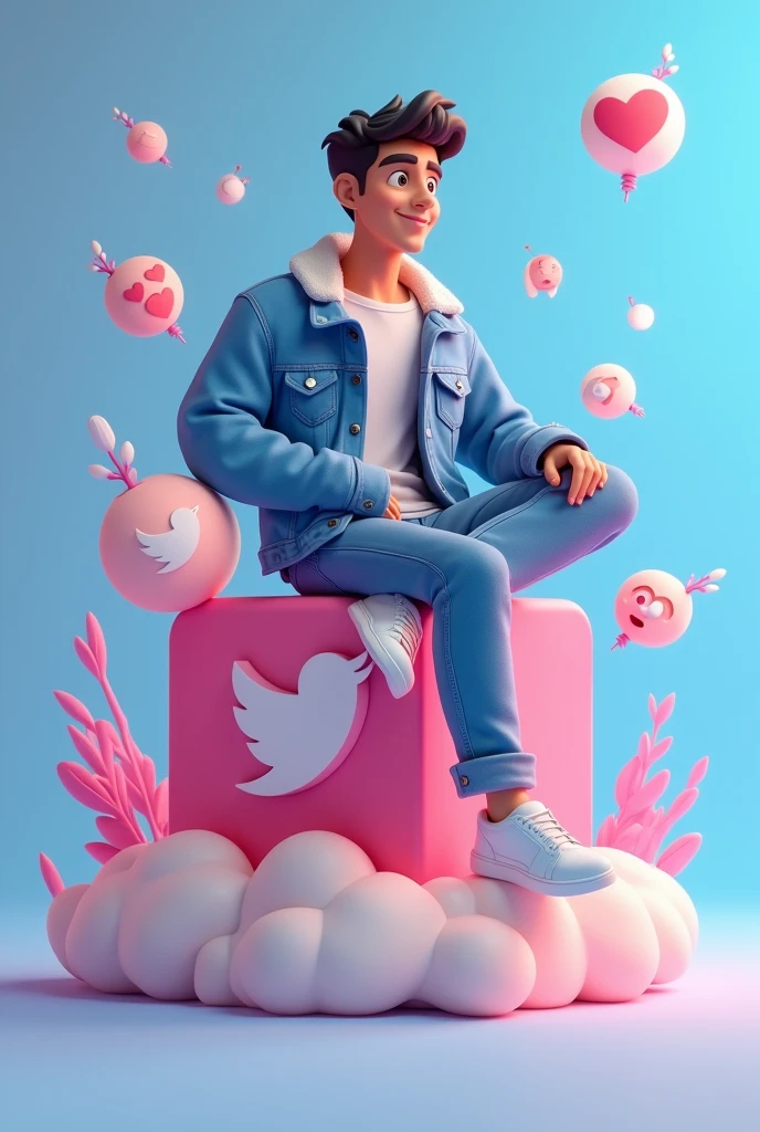 Create a 3D illustration of an animated character sitting casually on top of a social media logo "SocialMedia". The character must wear casual modern clothing such as jeans jacket and sneakers shoes. The background of the image is a social media profile page with a user name "HASSAN" and a profile picture that match.