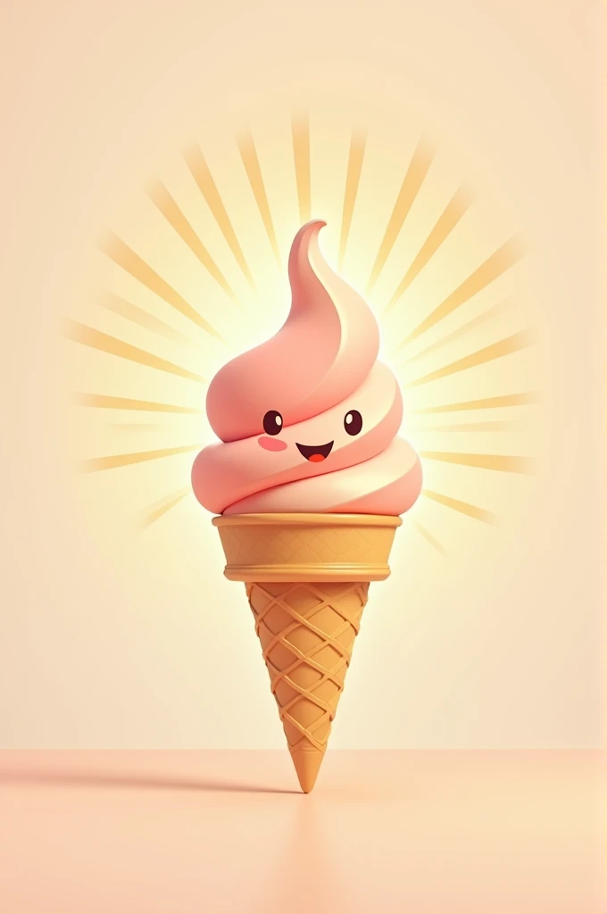 A whimsical ice cream cone with rays of light emanating from it, symbolizing warmth and community. The design uses soft gradients, pastel colors, and smooth lines. The logo blends minimalism with an inviting and friendly aesthetic, reminiscent of mid-century modern graphics. Keywords: minimalism, warmth, pastel, rays of light, mid-century modern.