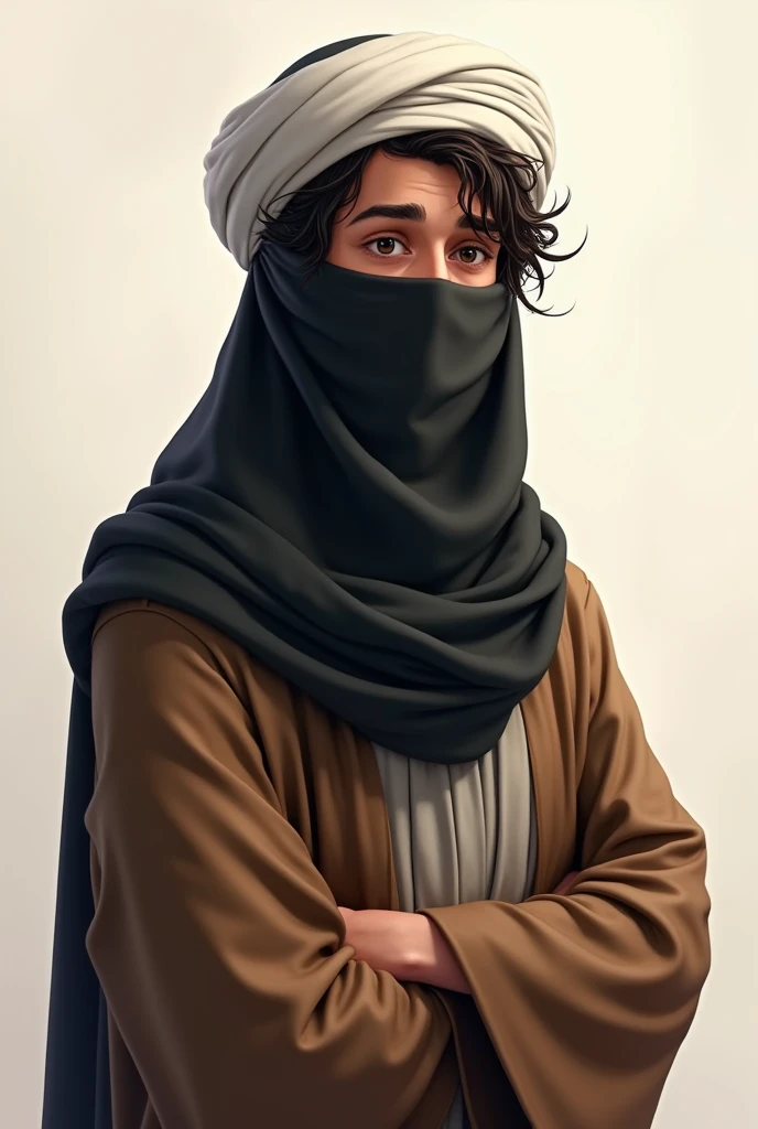 (photorealism:1.2), A man in his twenties. He has a white Islamic turban on his head. wearing brown Islamic robe. wearing a black veil covering her face. messy hair realistic animation drawing.