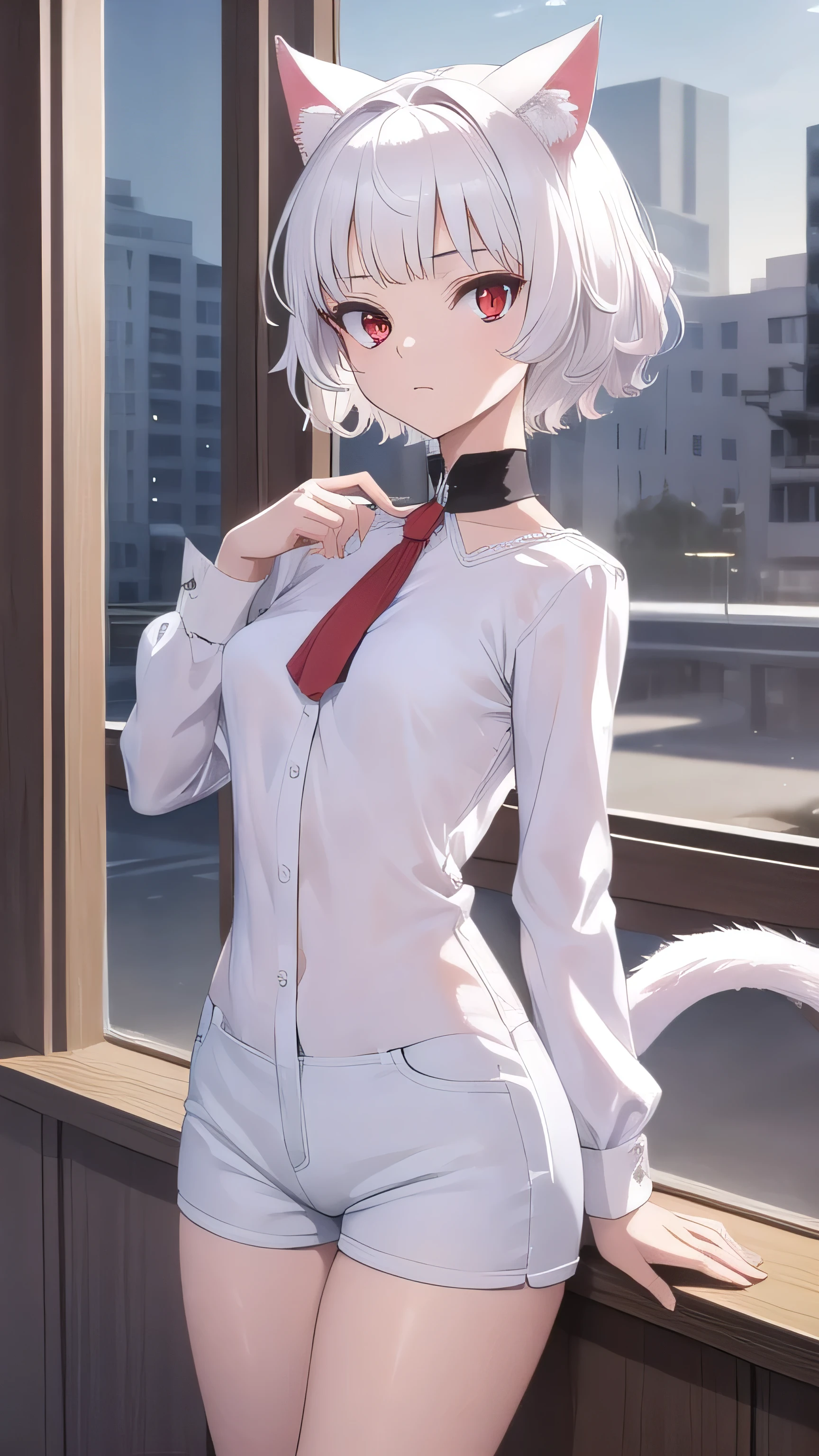 neferpitou, neferpitou, short hair, (red eyes:1.5), long sleeves, animal ears, white hair, shorts, cat ears, cat tail, curly hair, BREAK looking at viewer, BREAK outside, BREAK (masterpiece:1.2), best quality, high resolution, unity 8k wallpaper, (illustration:0.8), (beautiful detailed eyes:1.6), extremely detailed face, perfect lighting, extremely detailed CG, (perfect hands, perfect anatomy), sexy post