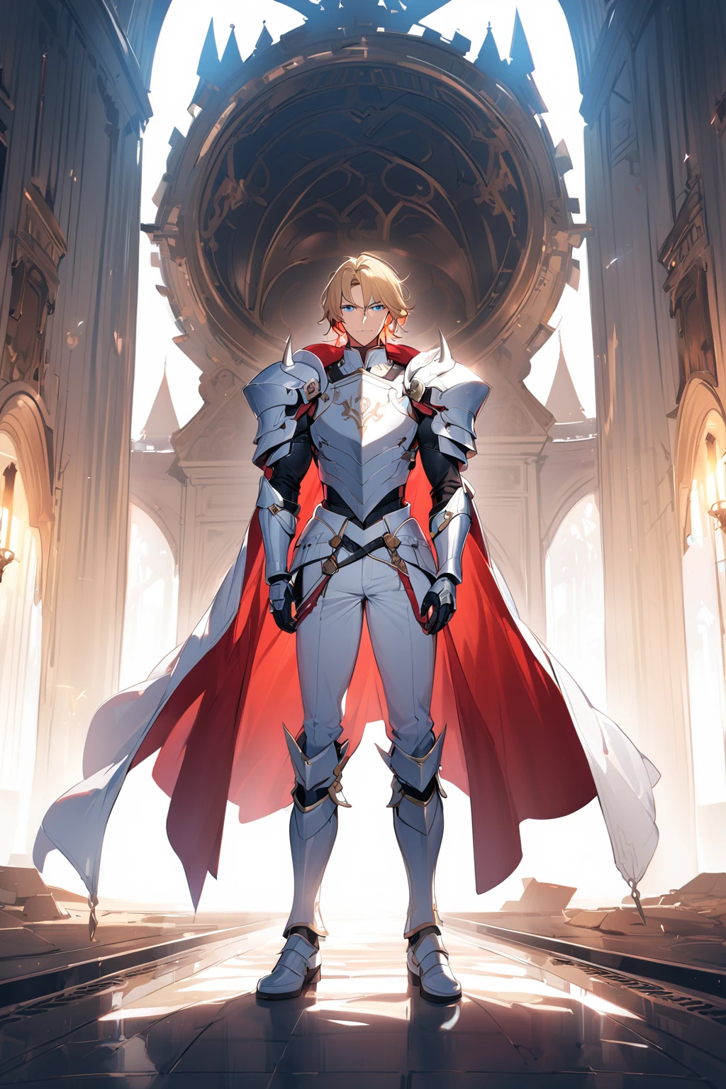 mature man, short blonde hair, piercing blue eyes, knight-general style clothing, wearing massive white chest armor, wearing white armor shoulders with spikes, wearing white armor gauntels, wearing white armor pants, wearing white armor boots, long red cape behind his back, full body,handsome man,