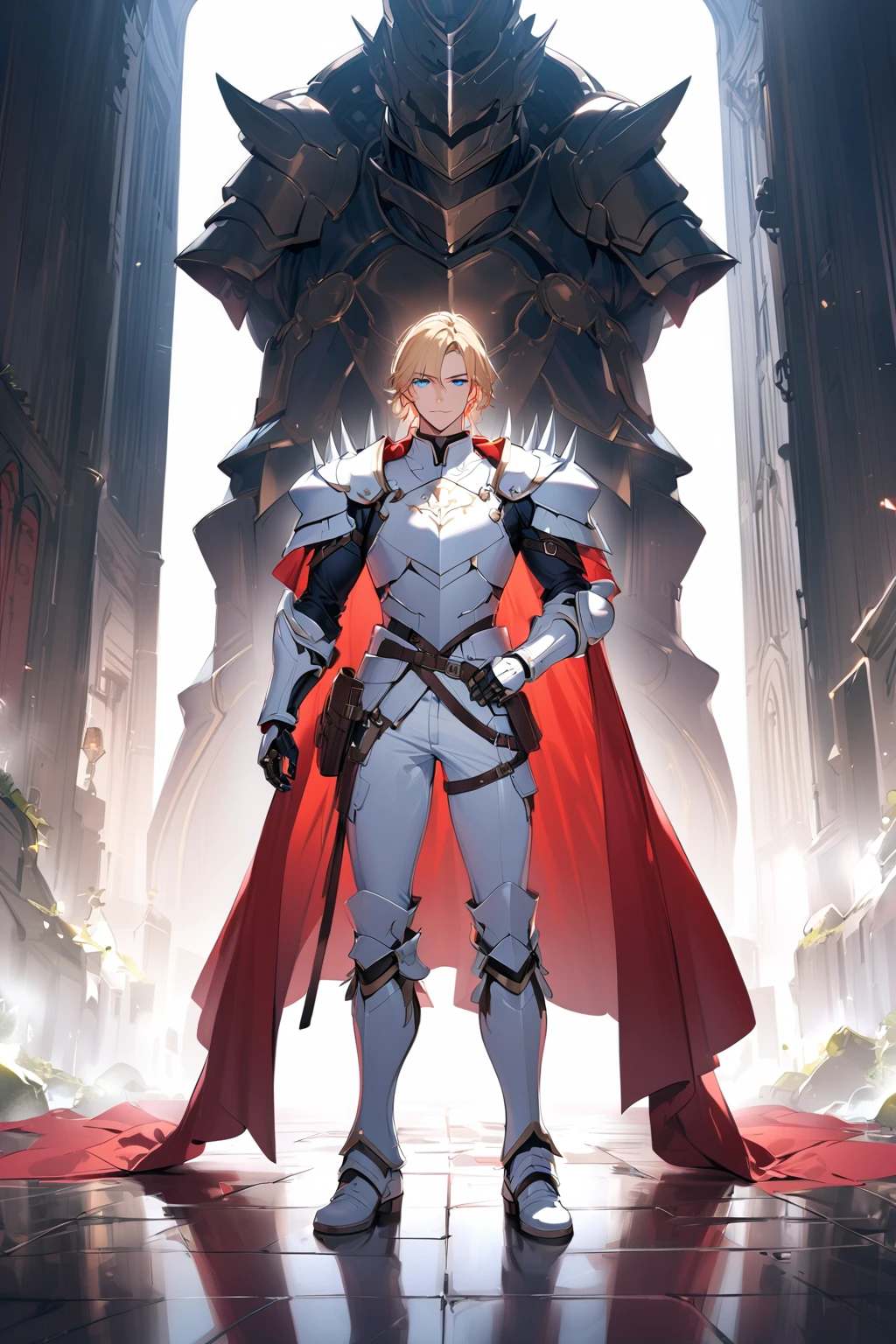 mature man, short blonde hair, piercing blue eyes, knight-general style clothing, wearing massive white chest armor, wearing white armor shoulders with spikes, wearing white armor gauntels, wearing white armor pants, wearing white armor boots, long red cape behind his back, full body,handsome man,