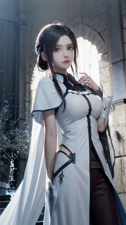 one woman、Rin々new appearance、A dignified expression、cold look、medieval monk、pure white battle uniform、bionde、french braid、have a sword、white cloak、Sword Art Online、(masterpiece, highest quality, highest quality, official art, beautiful and aesthetic:1.2)