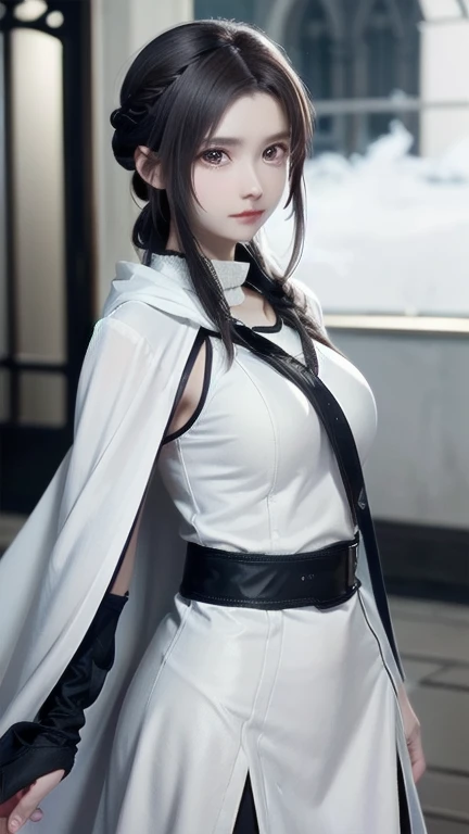 one woman、Rin々new appearance、A dignified expression、cold look、medieval monk、pure white battle uniform、bionde、french braid、have a sword、white cloak、Sword Art Online、(masterpiece, highest quality, highest quality, official art, beautiful and aesthetic:1.2)