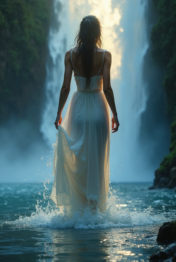 A captivating detailed portrait of a beautiful young woman gracefully stepping through a curtain of water, emerging from behind a majestic waterfall at twilight. The dress she wears is soaked, clinging tightly to her body, and the fading light and mist create an ethereal glow around her. As the painting is shot from a half-body perspective, the viewer can appreciate the intricate details of her dress and the play of light on her skin. The background showcases the cascading waterfall and the fading light of the twilight sky.