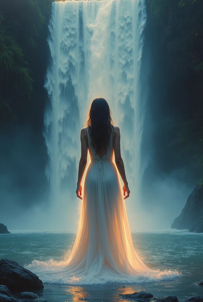 A captivating detailed portrait of a beautiful young woman gracefully stepping through a curtain of water, emerging from behind a majestic waterfall at twilight. The dress she wears is soaked, clinging tightly to her body, and the fading light and mist create an ethereal glow around her. As the painting is shot from a half-body perspective, the viewer can appreciate the intricate details of her dress and the play of light on her skin. The background showcases the cascading waterfall and the fading light of the twilight sky.
