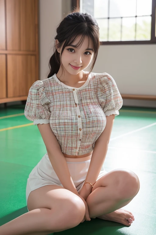 8k, Raw photo, highest quality, masterpiece:1.2), masterpiece, highest quality, figure, Very detailed, Fine details, High resolution, 8k,wallpaper, Perfect dynamic composition,(Detailed high quality, Realistic depiction of eyes:1.3)、A woman who has been and has her hands tied、Arms wrapped around his back, hands tie behind back, Sitting on a bright gym floor with feet together and knees bent in front of each other、With legs wide open、Tartan plaid pleated skirt、whole body、White panties are visible、The whole thing faces forward、21talent、Beauty、Well-formed face、Make your eyes even、Beautiful black hair、Has bangedium build、Well-balanced proportions、Beautiful legs、Short sleeve blouse、Fresh face、Beautiful scenery、smile、Large Breasts1.4