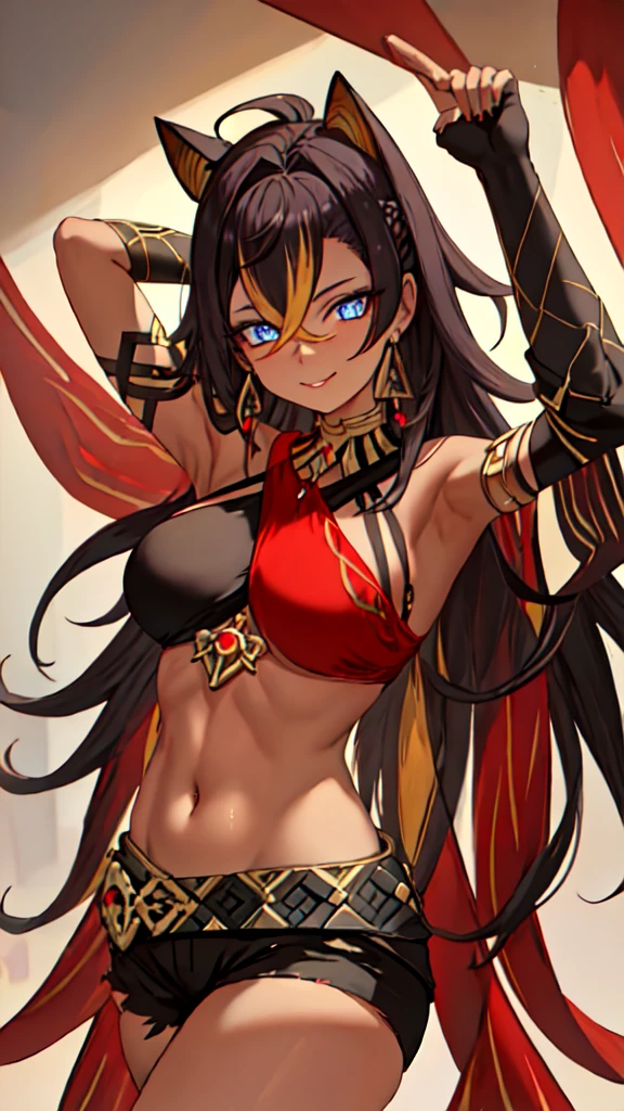 best quality, masterpiece, highres, solo, {dehya_genshin:1.15}, multicolored_hair, long_hair, bangs, blue_eyes, streaked_hair, dark-skinned_female, dark_skin, blonde_hair, black_hair, hair_between_eyes, jewelry, crossed_bangs, halterneck, earrings, animal_ears, breasts, criss-cross_halter, smile, brown_hair, navel, stomach, large_breasts, hair_intakes, 1girl, beautiful_woman, beautiful_body, back_view, looking_at_viewer, hands_in_the_ass, grabbing_the_ass, hair_ears, upper_body, bare_shoulders, portrait, closed_mouth, dangle_earrings