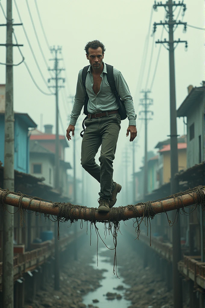 The Environmental Tightrope: An acrobat walks on a tightrope made of electrical cables and waste pipes. He is balancing himself while looking down nervously.. Below, The ground is covered with pollution and industrial waste, showing the associated environmental risk.