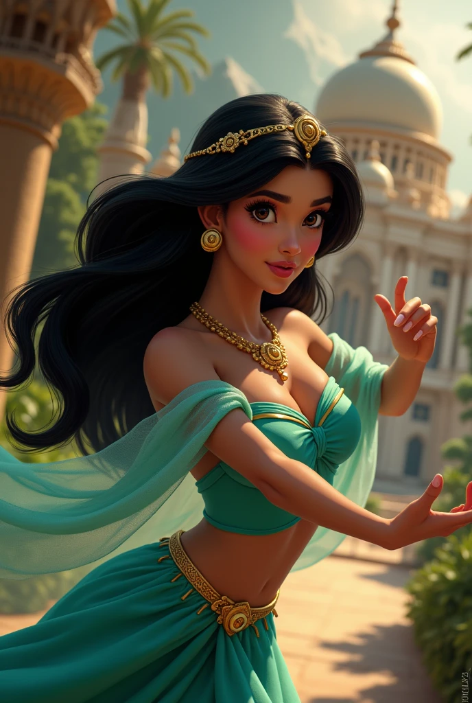 Stunning Princess Jasmine, photo in 8k, in action, cinematic.