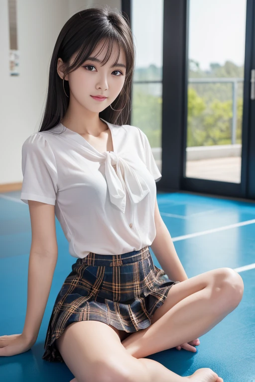 8k, Raw photo, highest quality, masterpiece:1.2), masterpiece, highest quality, figure, Very detailed, Fine details, High resolution, 8k,wallpaper, Perfect dynamic composition,(Detailed high quality, Realistic depiction of eyes:1.3)、A woman who has been and has her hands tied、Arms wrapped around his back, hands tie behind back, Sitting on a bright gym floor with feet together and knees bent in front of each other、With legs wide open、Tartan plaid pleated skirt、whole body、White panties are visible、The whole thing faces forward、21talent、Beauty、Well-formed face、Make your eyes even、Beautiful black hair、Has bangedium build、Well-balanced proportions、Beautiful legs、Short sleeve blouse、Fresh face、Beautiful scenery、smile、Large Breasts1.4