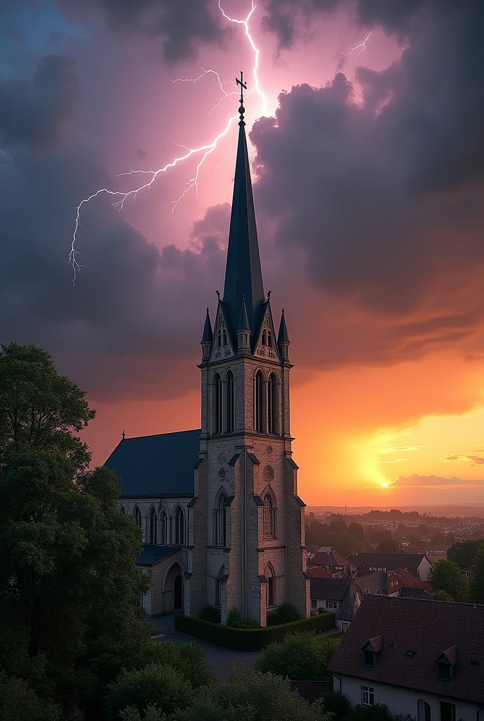 Image of 6000*4000 pixels. A lightning bolt bursts from a storm cloud at sunset to strike the top of the church of Bergerac 
