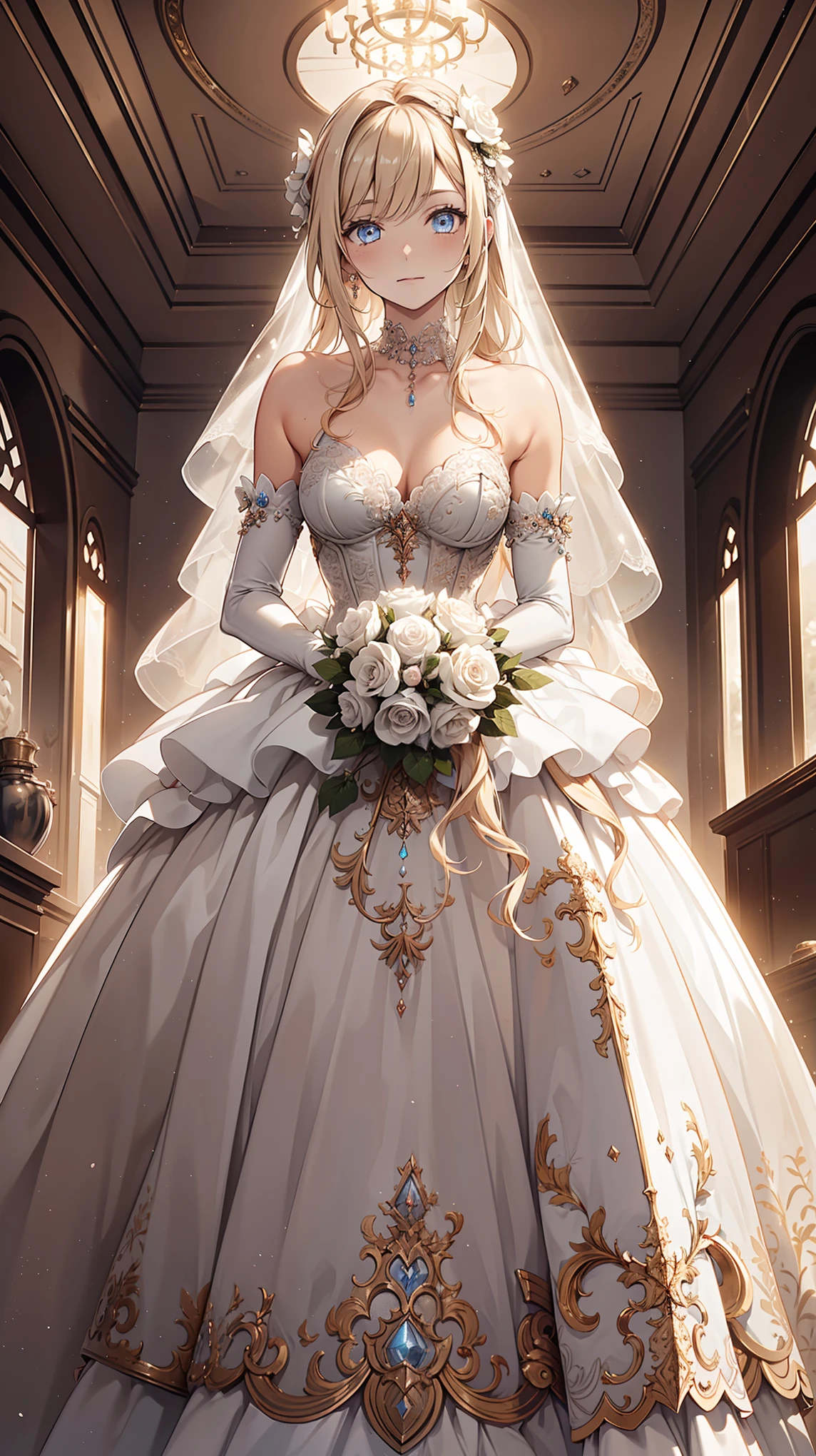 (masterpiece, best quality, beautiful and aesthetic:1.3), Looking at the audience, 1 girl, solitary, A faint smile, (cosmetic, Long hair, Light Beige Hair, blue eyes:1.2), Octane Rendering, Wedding dress, Lace-trimmed dress, transparent, Wedding dress, outdoor, White Rose, garden, morning, eternal, Extremely detailed,