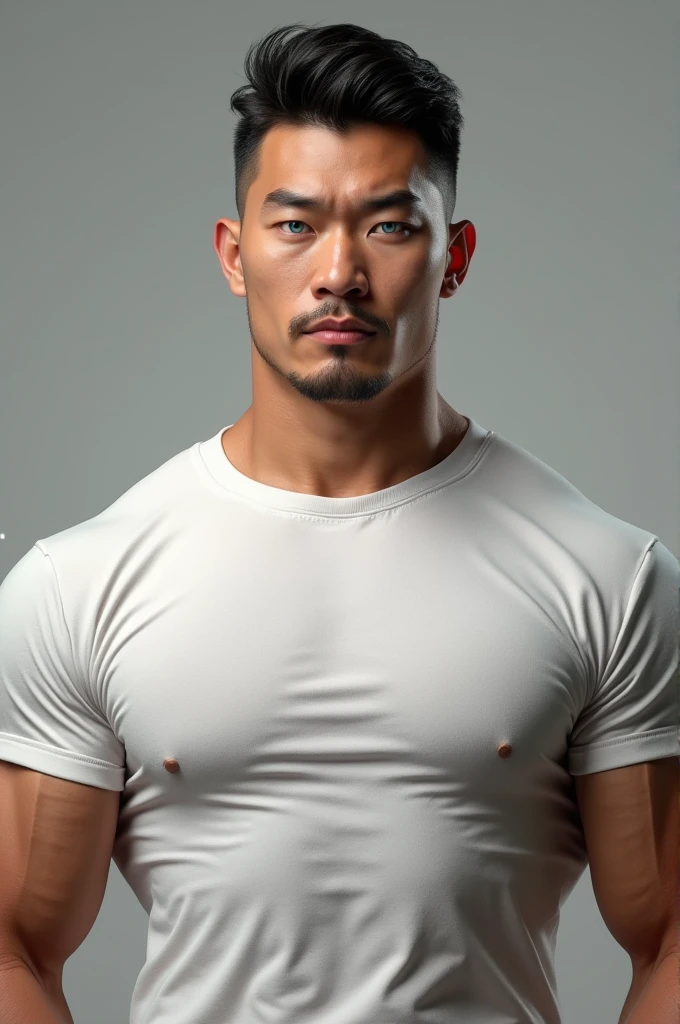 Create a Man with mascular body Asian tone colour height like wrestler Drew martyred with light blue eyes, with white t short
