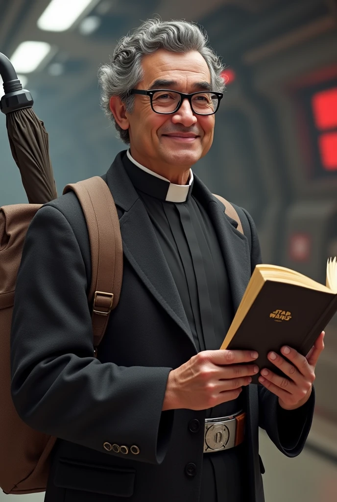 Create a Star Wars style image of a 63-year-old Latino man,indigenous brunette face, using reading glasses, gray curly hair, Side-parted hairstyle and formal dress, holding a bible in his left hand and pointing at the bible with his index finger of his right hand, smiling placidly, He doesn't have a beard or a moustache and looks clean shaven., In the book it should only say BIBLE,without images, He carries a backpack and an umbrella hanging from the same backpack