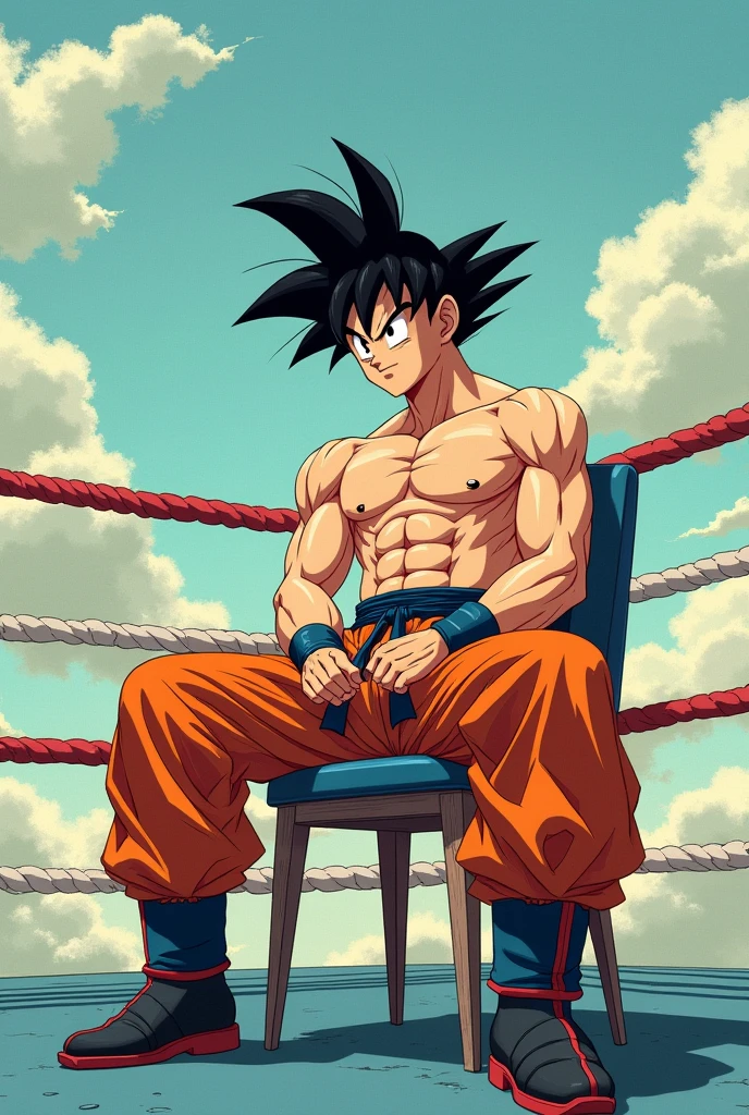 Draw Son Goku shirtless, sitting on a chair and relaxing on top of a boxing ring in the Dragon Ball manga style.