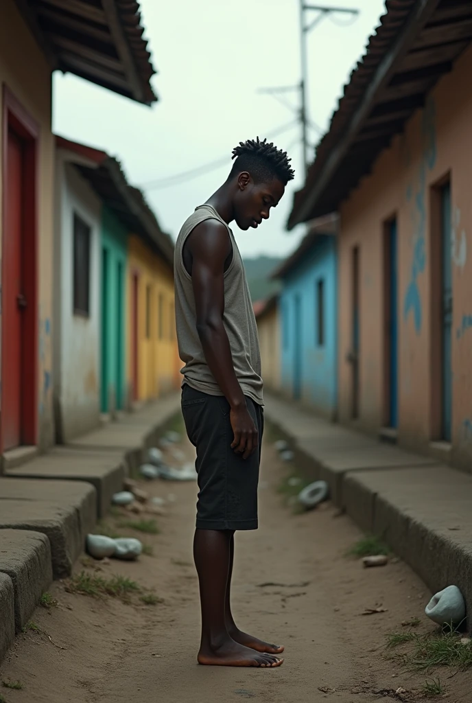 Young black man with head down barefoot in the favela