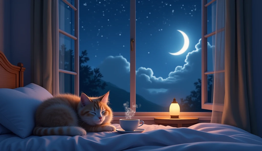 Cat sleeping on pillow, steaming tea, ,A window with a beautiful view, Night Sky, moon.