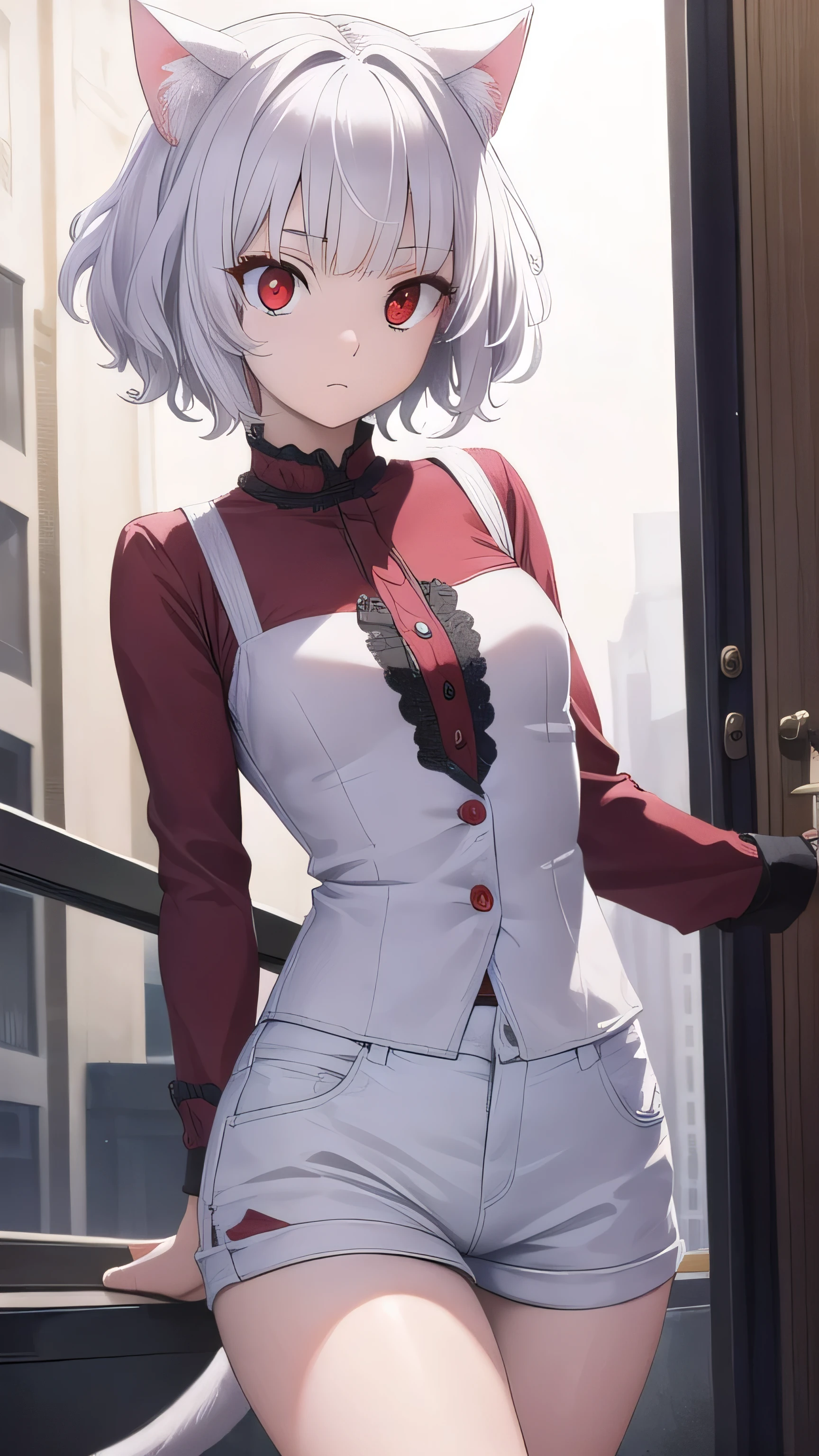 neferpitou, neferpitou, short hair, (red eyes:1.5), long sleeves, animal ears, white hair, shorts, cat ears, cat tail, curly hair, BREAK looking at viewer, BREAK outside, BREAK (masterpiece:1.2), best quality, high resolution, unity 8k wallpaper, (illustration:0.8), (beautiful detailed eyes:1.6), extremely detailed face, perfect lighting, extremely detailed CG, (perfect hands, perfect anatomy), sexy post