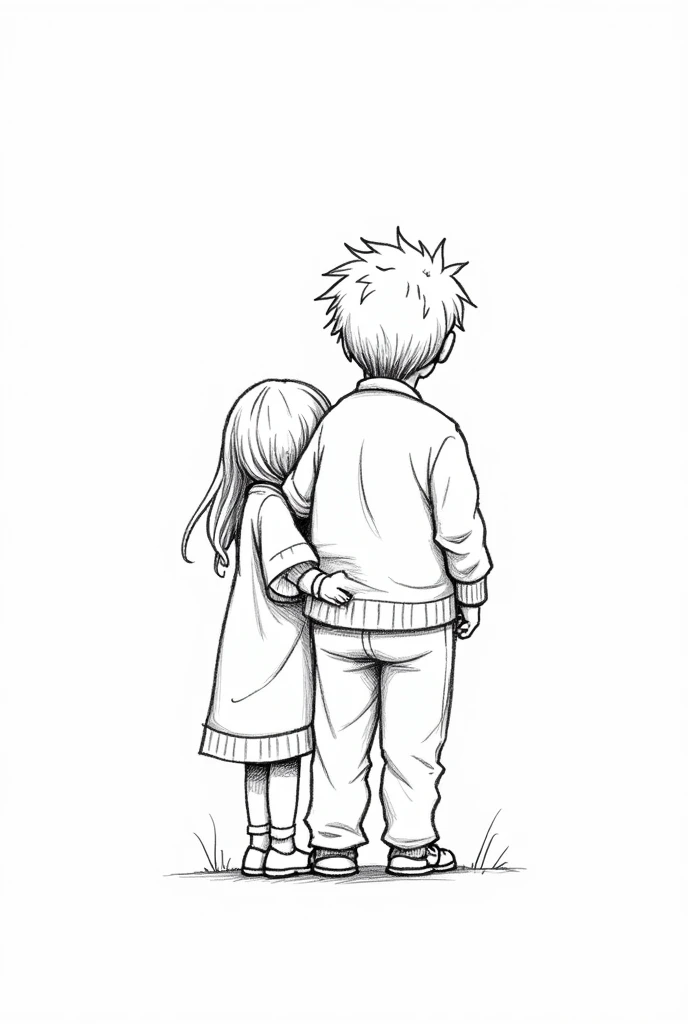 Sister hugging hand of big brother sketch back view