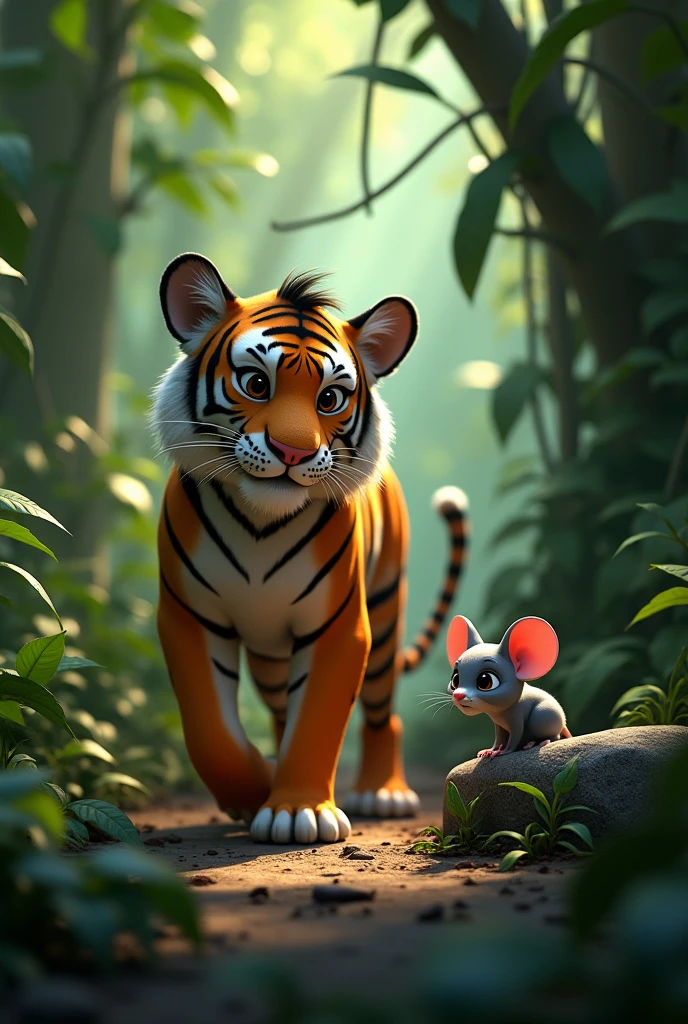 In 3d animation style "A dense jungle setting with tall trees and thick foliage. A lone tiger named Ram, with a thoughtful expression, is wandering through the jungle. In the distance, a small mouse with grey fur is peeking out from behind a rock, looking worried but curious. The scene captures the moment before the tiger and the mouse notice each other"