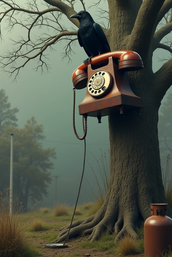 Telephone is in tree. A crow sit on telephone. Gas Cylinder is under the tree. A compass is roaming