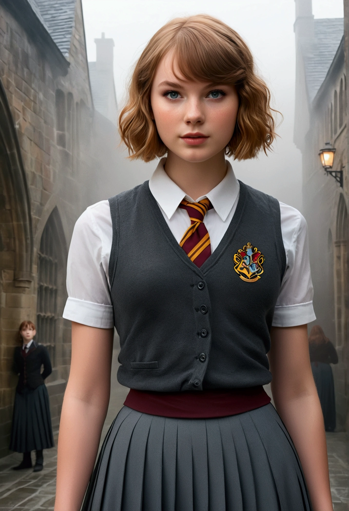 An illustrated movie poster, hand-drawn, full color, a teenage Hogwarts student, 18-years-old, female, wearing a charcoal vest and a pleated skirt, amazonian stature, athletic hourglass figure, full wide hips, massive round butt, long shapely legs, ridiculously thick powerful thighs, vibrant eyes, auburn hair, short curly bob cut, flushed sun-kissed complexion, freckles, resembles Taylorr Swift, standing in a foggy Hogwarts courtyard, surrounded by mist, graphite shading, stencil marks, airbrushed acrylic paint, masterpiece, close-up shot, in the style of the Deathly Hallows
