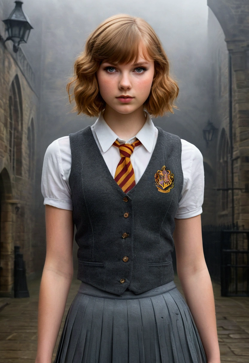 An illustrated movie poster, hand-drawn, full color, a teenage Hogwarts student, 18-years-old, female, wearing a charcoal vest and a pleated skirt, amazonian stature, athletic hourglass figure, full wide hips, massive round butt, long shapely legs, ridiculously thick powerful thighs, vibrant eyes, auburn hair, short curly bob cut, flushed sun-kissed complexion, freckles, resembles Taylorr Swift, standing in a foggy Hogwarts courtyard, surrounded by mist, graphite shading, stencil marks, airbrushed acrylic paint, masterpiece, close-up shot, in the style of the Deathly Hallows 