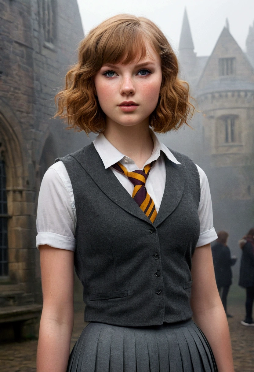 An illustrated movie poster, hand-drawn, full color, a teenage Hogwarts student, 18-years-old, female, wearing a charcoal vest and a pleated skirt, amazonian stature, athletic hourglass figure, full wide hips, massive round butt, long shapely legs, ridiculously thick powerful thighs, vibrant eyes, auburn hair, short curly bob cut, flushed sun-kissed complexion, freckles, resembles Taylorr Swift, standing in a foggy Hogwarts courtyard, surrounded by mist, graphite shading, stencil marks, airbrushed acrylic paint, masterpiece, close-up shot, in the style of the Deathly Hallows