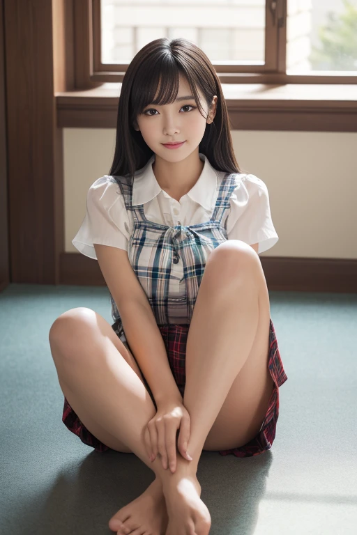 8k, Raw photo, highest quality, masterpiece:1.2), masterpiece, highest quality, figure, Very detailed, Fine details, High resolution, 8k,wallpaper, Perfect dynamic composition,(Detailed high quality, Realistic depiction of eyes:1.3)、A woman who has been  and has her hands tied、Arms wrapped around his back, hands tie behind back, Sitting on a bright gym floor with feet together and knees bent in front of each other、With legs wide open、Tartan plaid pleated skirt、whole body、White panties are visible、The whole thing faces forward、２１talent、Beauty、Well-formed face、Make your eyes even、Beautiful black hair、Has bangedium build、Well-balanced proportions、Beautiful legs、Short sleeve blouse、Fresh face、Beautiful scenery、smile、Large Breasts1.4
