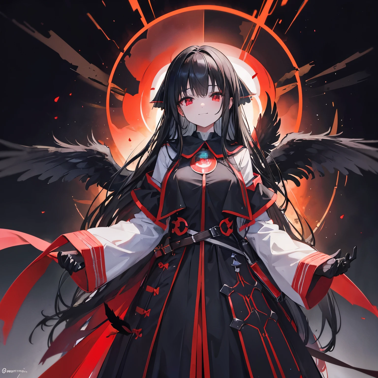 (((((execution)))))　((((witch))))　(((wand of flame　grimoire)))　((Black Hair　witchの帽子　Red eyes　smile　Looking down))　((explosion　fire))　(Magic Robe　Black Hole　despair　tears)　incantation　Runes　Shining Background　Shining Edge Art Station, White Background, 長いBlack Hair、Black Hairロング、Standing in the Wilderness,whole body、Equipped with Crow Gauntlets、triumphant smile、Small breasts、, As if smoke and shadows were given shape, Wings made from giant crows, Dancing crow feathers, Many glowing red eyes, Black Gauntlet、Shadow Claw, Supernatural Lightning and Fire, ((black sun)), 8K high resolution, Trend Art Station、Black color, whole body,raven feather skirt、A whirlpool of countless red-eyed crows、Black Hole,((Long black hair)),Long black hair、Atomic bomb, Or a nuclear bomb, それは大きな破壊力を持つexplosion兵器である, A large amount of energy is released、. The bomb works through the nuclear process of atomic fission.。, A large amount of energy can be released from a small amount of matter.. Aegis Ore Shield  Nightmare Creation is ready to act. The aberrant weapon bears the visage of madness and utter insanity., As if they were a living extension of the chaos that inhabited the dungeon.. Your eyes shine with a disturbing intensity.
