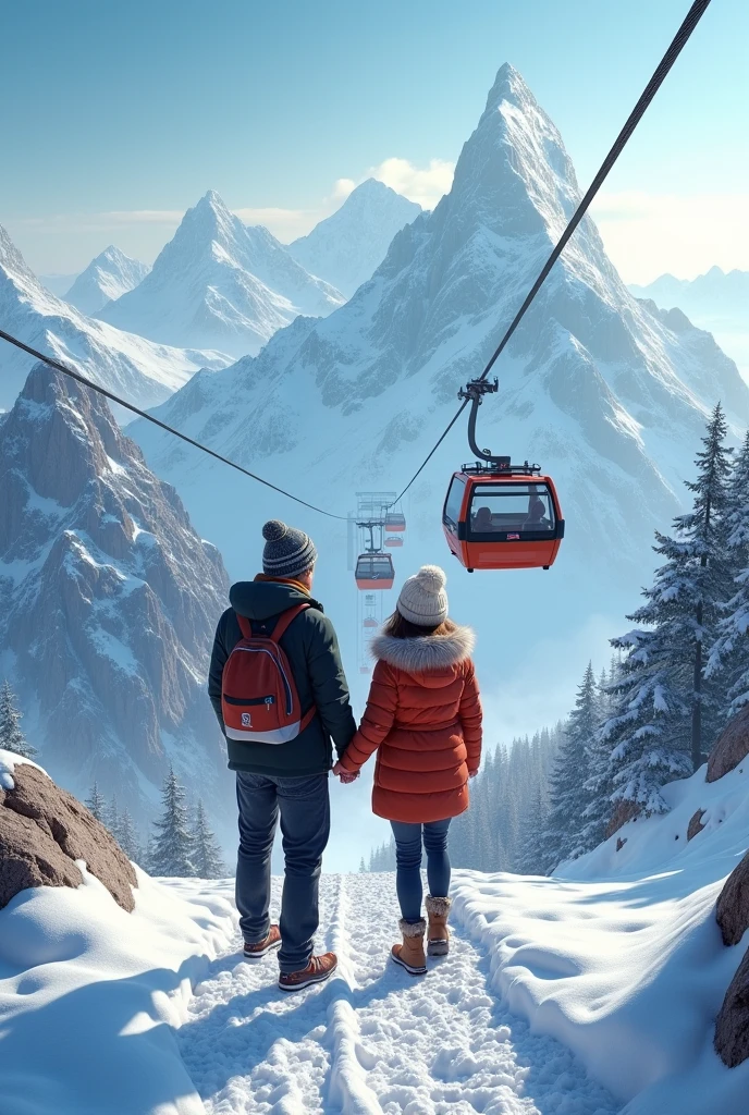 Create an image of a couple climbing the snowy mountain in an open cable car 
