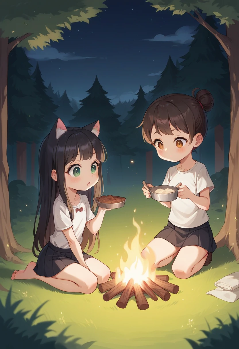 1 girl, ((loli)), long black hair, cat ear, cream shirt, dark brown mini skirt, stocking, kneeling, forest, night, campfire, logs, cooking, cinematic lighting