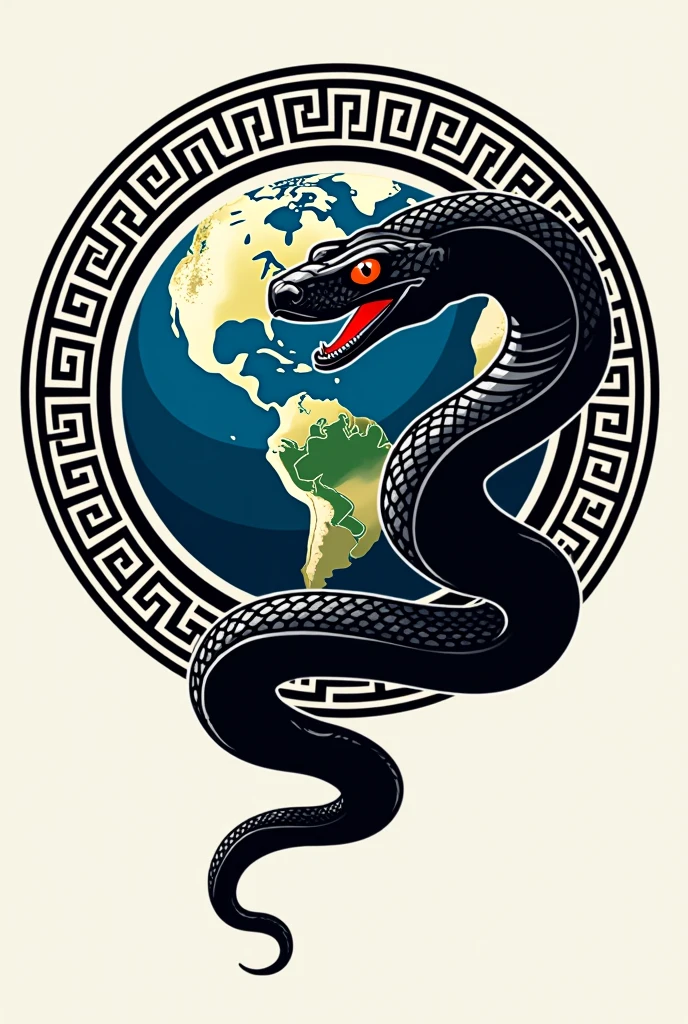 planet earth inside a greek style circle in black lines with black and white snake head, red-eyed black mamba snake