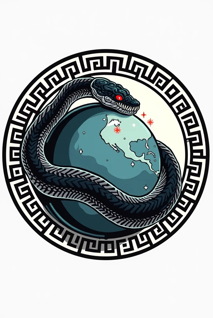 planet earth inside a greek style circle in black lines with black and white snake head, red-eyed black mamba snake