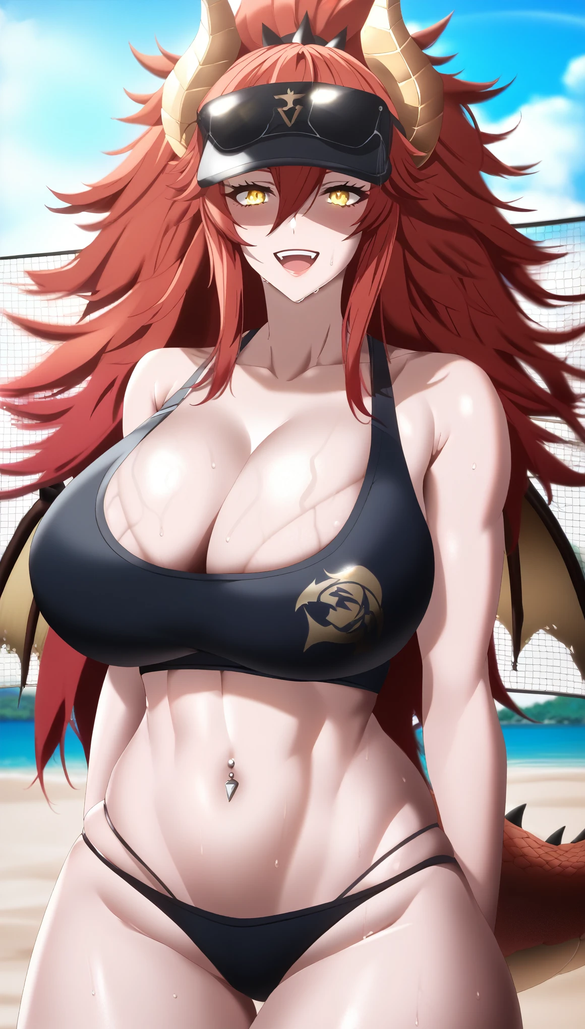 score_9, score_8_up, score_7_up, score_6_up, uncensored, zentreya, zendragon, dragon wings, dragon girl, navel piercing, dragon horns, red hair, long hair, yellow eyes, hair between eyes, BREAK detailed eyes, (perfect hands, perfect anatomy), detailed skin texture, (blush:0.5), (goosebumps:0.5), subsurface scattering, cinematic, Sharp focus, humorous illustration, big depth of field, Masterpiece, concept art, trending on artstation, Vivid colors, Simplified style, trending on ArtStation, trending on CGSociety, Intricate, Vibrant colors, Soft Shading, Simplistic Features, Sharp Angles, Playful, excessive sweating, sweating profusely, sweating drop BREAK, hearts, pleasured, huge breasts, 1girl, breasts, visor cap, volleyball, cleavage, sunglasses, bikini, navel, swimsuit, solo, volleyball \(object\), thighs, outdoors, beach, open mouth, smile, sky, looking at viewer, alternate hairstyle, day, volleyball net, blue sky, veiny breasts, sports bikini, bare shoulders, ball, sweat, sportswear, collarbone, :d, red headwear, holding, thick thighs, sand