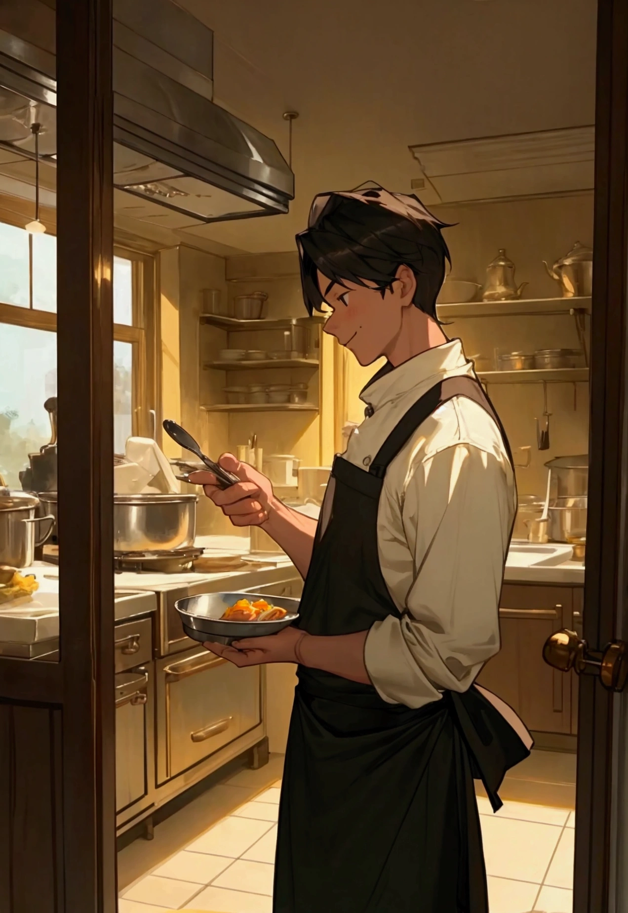Create a warm and inviting scene in a professional restaurant kitchen. A young man stands confidently in the centre, focused on serving a beautifully presented dish. The kitchen is bustling with activity, with shiny utensils, pots and pans in the background. To one side, an older chef watches with a proud smile.