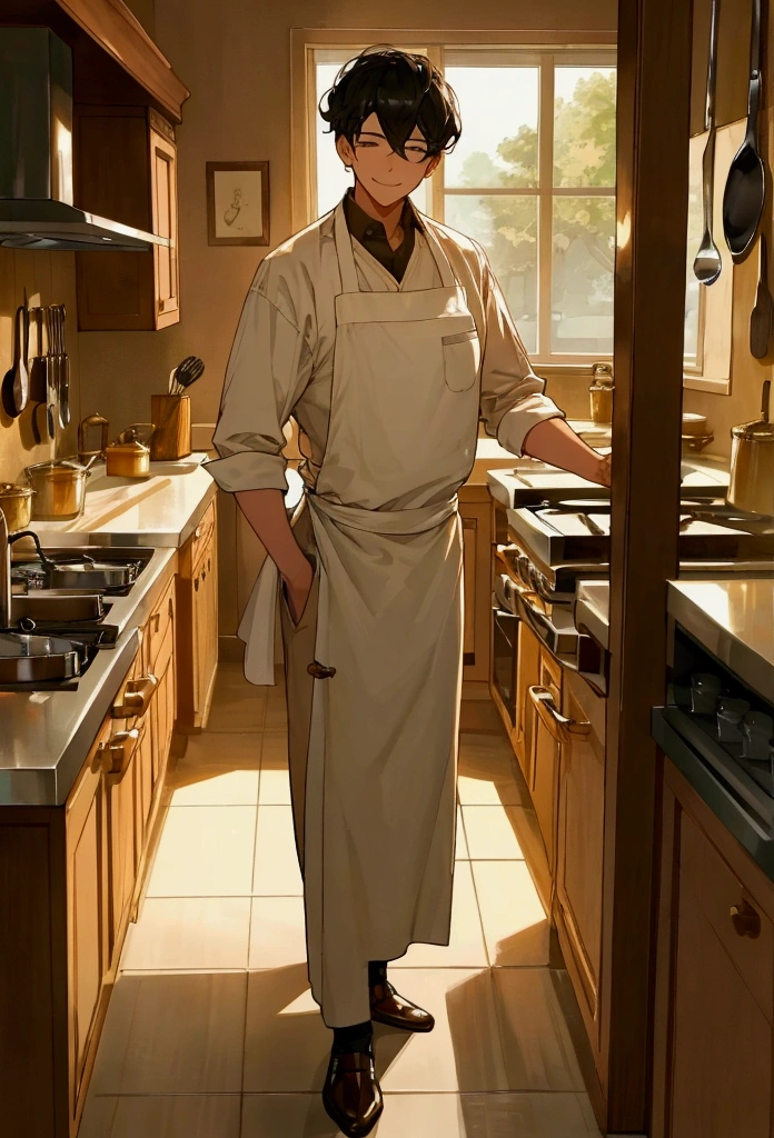 Create a warm and inviting scene in a professional restaurant kitchen. A young man stands confidently in the centre, focused on serving a beautifully presented dish. The kitchen is bustling with activity, with shiny utensils, pots and pans in the background. To one side, an older chef watches with a proud smile.
