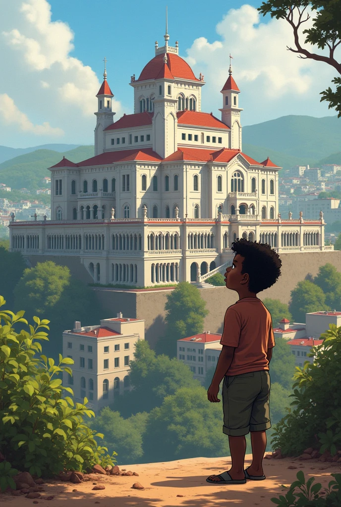 A boy looking at the Queen's Palace of Antananarivo